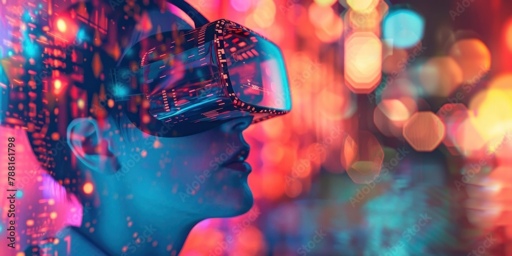 Une femme portant des lunettes de réalité virtuelle, avec des données et des codes holographiques sur un arrière-plan coloré, image avec espace pour texte. - obrazy, fototapety, plakaty 