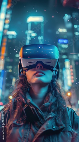 Femme portant un casque de réalité virtuelle, arrière-plan de ville futuriste.