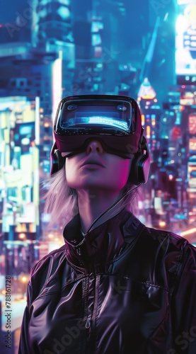Femme blonde portant un casque de réalité virtuelle, arrière-plan de ville futuriste.