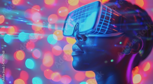Une femme portant des lunettes de réalité virtuelle, avec des données et des codes holographiques sur un arrière-plan coloré, image avec espace pour texte.