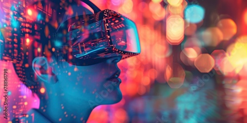 Une femme portant des lunettes de réalité virtuelle, avec des données et des codes holographiques sur un arrière-plan coloré, image avec espace pour texte.