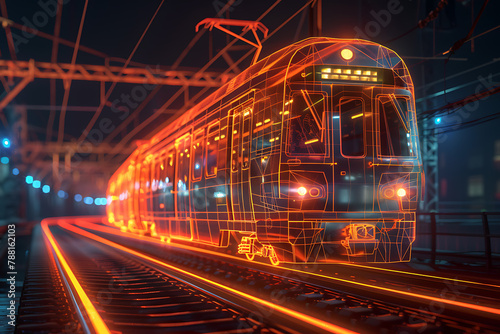 A mesmerizing wireframe-based visualization of a train against a glowing translucent background, offering a futuristic and dynamic interpretation of modern transportation.