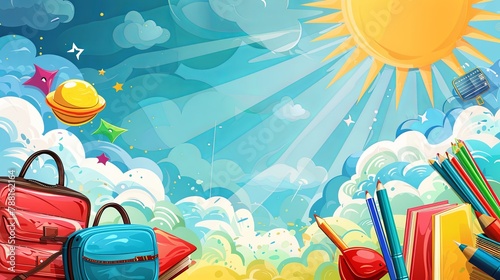 a set of different school items in the center, on the sides there is a background of the sky and sun rays. Abstract background.