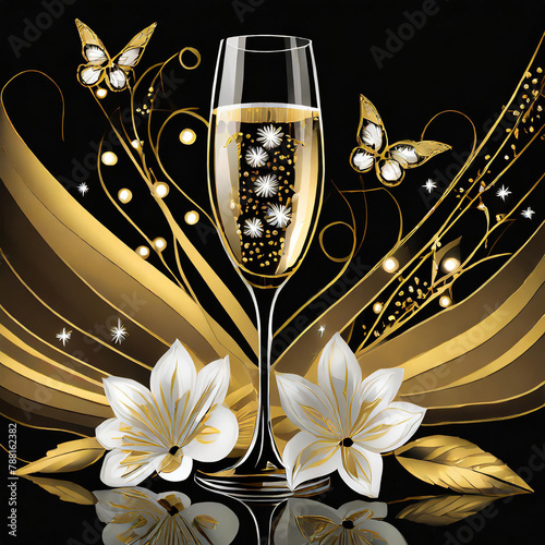 Graphic image of a glass of champagne, white flowers, fireworks and butterflies in black and gold.