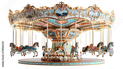 Horse carousel, each seat spinning gently as it floats in mid-air against a backdrop of pristine white