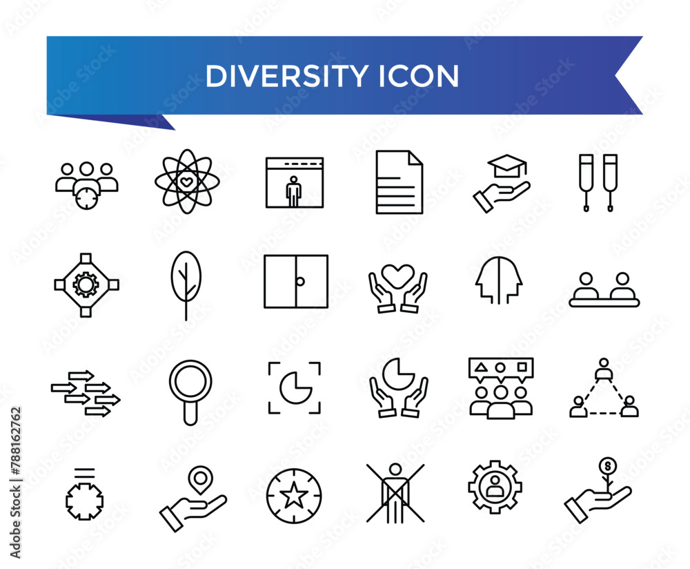 Fototapeta premium Diversity icon collection. Related to equality, culture, languages, tolerance, difference, belonging, human rights and ethnicity icons. Line icon set.