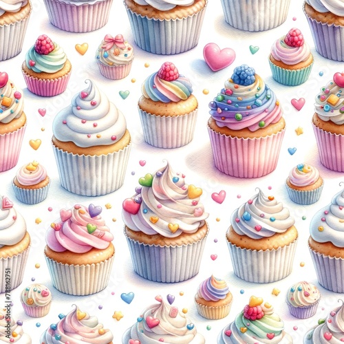 A watercolor painting featuring a seamless pattern of small cute cupcakes on a crisp white background