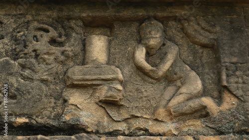 Carving Sculpture of Ravana Worshiping Lord Shiva, Bhim Kichak Temple Dedicated to Lord Shiva, Malhar, Chhattisgarh, India.
