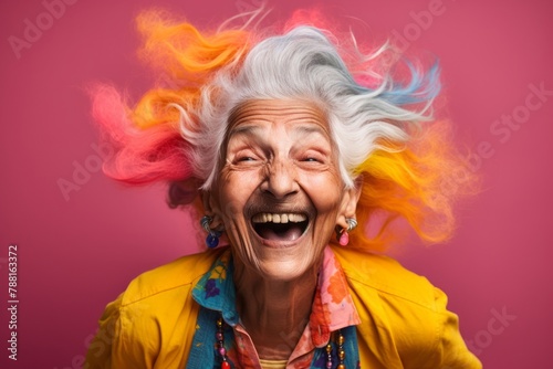 Portrait of a cheerful indian elderly woman in her 90s sporting a rugged denim jacket in vibrant yoga studio background