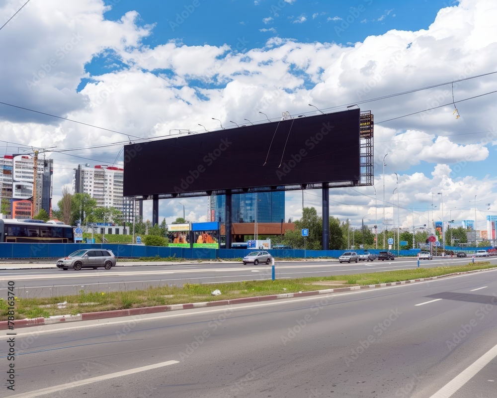 An empty billboard on the background of a summer city street. An empty space for advertising products. Street advertising, urban marketing. Realistic image. An empty billboard on the background of a summer city street. An empty space for advertising products. Street advertising, urban marketing. Realistic image.