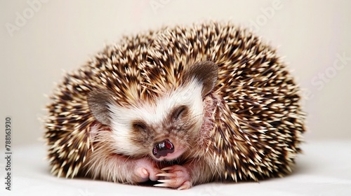 Sleeping curled up wild hedgehog on white,, nose,, eye sockets and one front paw visible