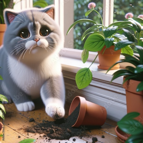 A gray cat of British breed dropped a pea with a house flower and plays with the ground, in 3d animation style photo