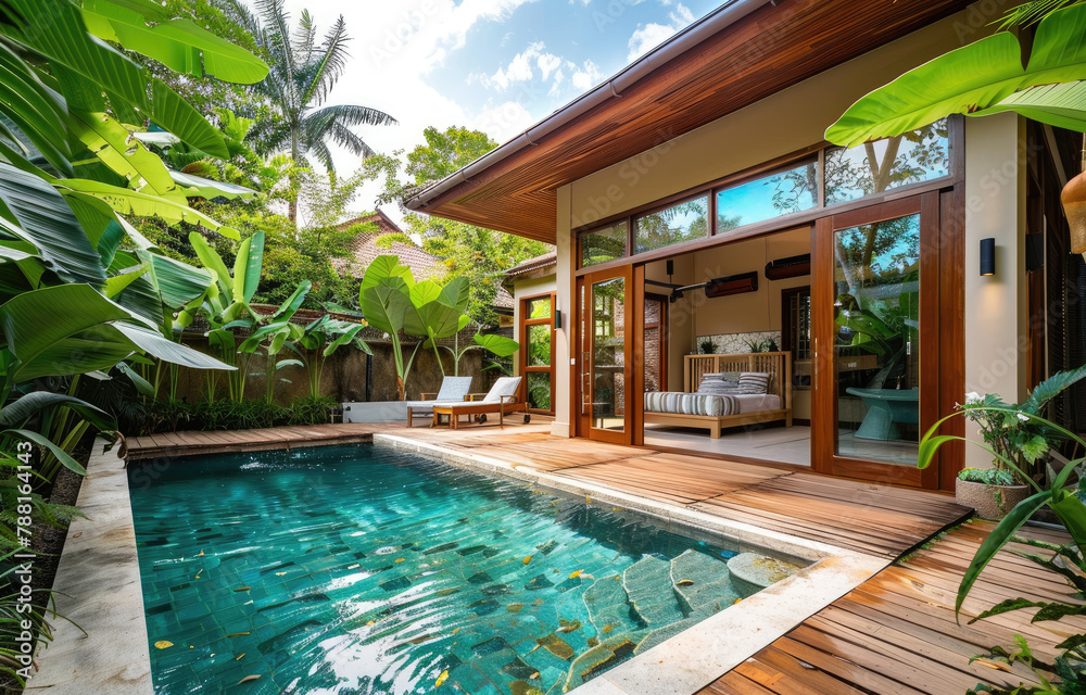 Small private pool villa in Phuket, tropical style with greenery and palm trees around the house