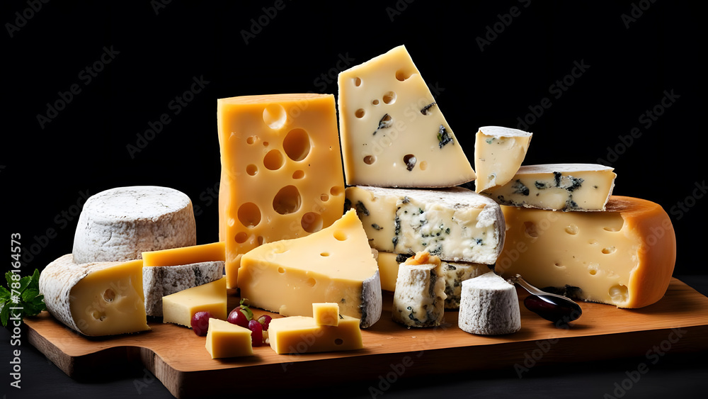 Cheese collection, variety of cheeses on wooden board, black background