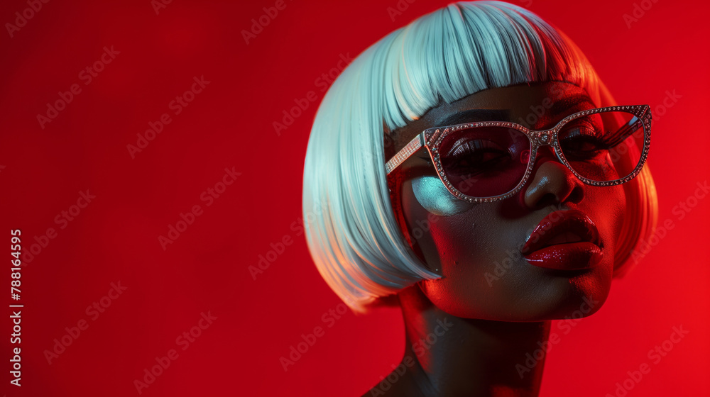 A woman with a short blonde wig and red lipstick is wearing a pair of diamond-studded sunglasses. A woman with a short white wig and red lipstick. a dark skinned black woman wearing futuristic A woman with a short blonde wig and red lipstick is wearing a pair of diamond-studded sunglasses. A woman with a short white wig and red lipstick. a dark skinned black woman wearing futuristic