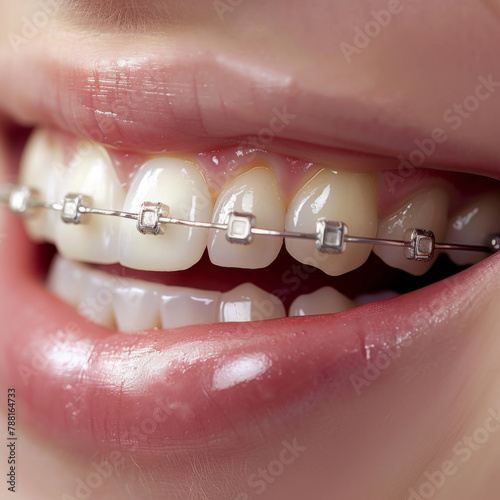 Person, teeth and braces closeup as dentistry smile or straight alignment, whitening or health insurance. Mouth, tooth and orthodontic cases for oral care results or treatment, examination or hygiene
