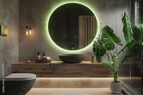 Modern bathroom with LED lighting  round mirror  and wooden elements. Refined style design. 3D Rendering