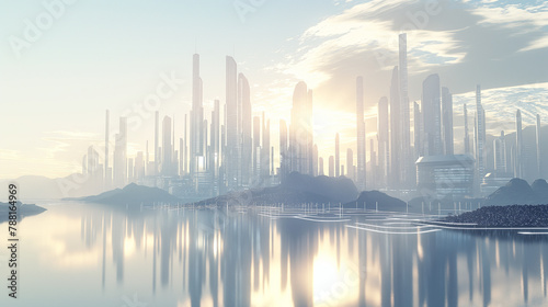 A futuristic cityscape powered efficiently by renewable energy with dynamic storage systems visibly managing the energy flow. , natural light, soft shadows, with copy space