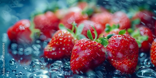 A close up of strawberries with water droplets. photo