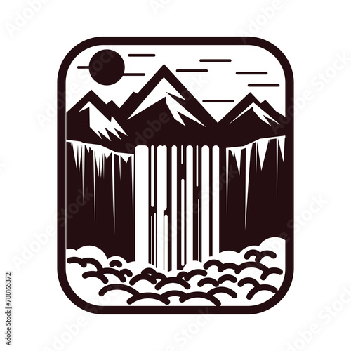 Rectangle Vintage Retro Mountain Waterfall for Adventure Illustration Design