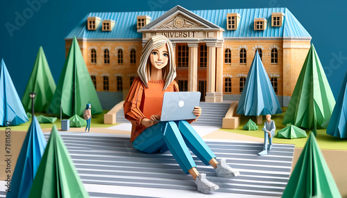 Origami University: Paper Crafted Campus Scene with Female Student on Stairs and Laptop