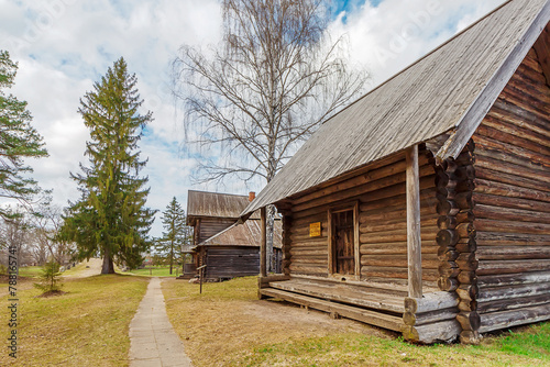 Old wooden barn and tavern buildings. Architectural and Ethnographic Museum Vasilevo, Torzhok area, Tver region. Landmark of Russia.