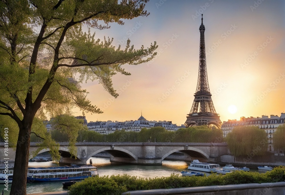 Fototapeta premium Parisian Beauty: A Tourist's Guide to the City of Lights, Watercolor Design