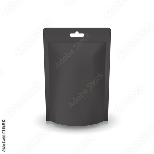 Matte black pouch bag with ziplock mockup. Blank black ziplock stand-up pouch with hanging hole to display or use for food or healthy product. Isolated on white background. Vector illustration.