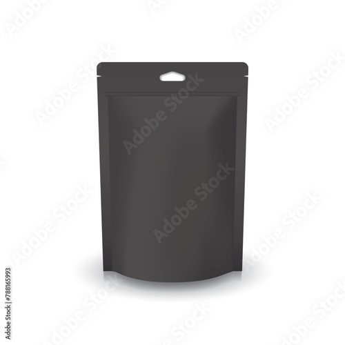 Matte black pouch bag with ziplock mockup. Blank black ziplock stand-up pouch triangle hanging hole to display or use for food or healthy product. Isolated on white background. Vector illustration.
