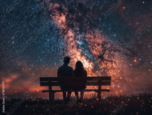 a couple (guy and girl) sitting on a bench and watching the galaxy stars at might, amazing constellation on the night sky