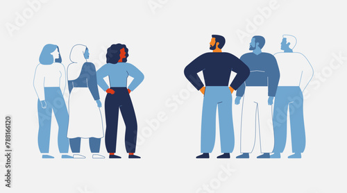 Gender confrontation, conflicts, disagreements. Men and women stand face to face. Equality and equitable between male and female. Business and social concept. Flat vector illustration