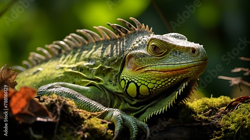 Beautiful green iguana closeup head on wood 
