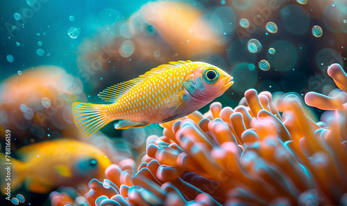 close up on yellow fish and corals in the sea / aquarium, fish wallpaper 