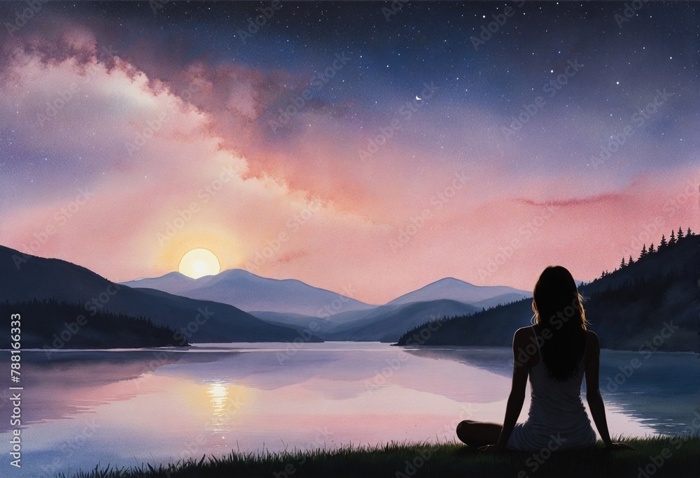 Resting Woman in a beautiful sunset nature landscape, Watercolor Illustration of meditating travel girl