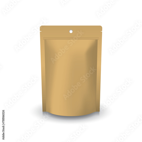 Matte brown kraft paper pouch bag with ziplock mockup. Blank brown kraft paper ziplock stand-up pouch round hanging hole. Display or use for product. Isolated on white background. Vector illustration.