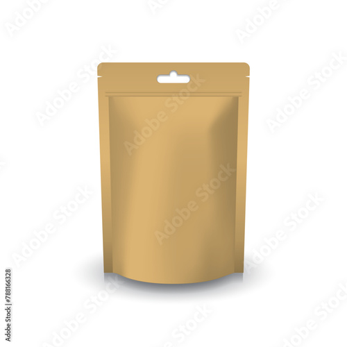 Matte brown kraft paper pouch bag with ziplock mockup. Blank brown kraft paper ziplock stand-up pouch hanging hole. Display or use for product. Isolated on white background. Vector illustration.
