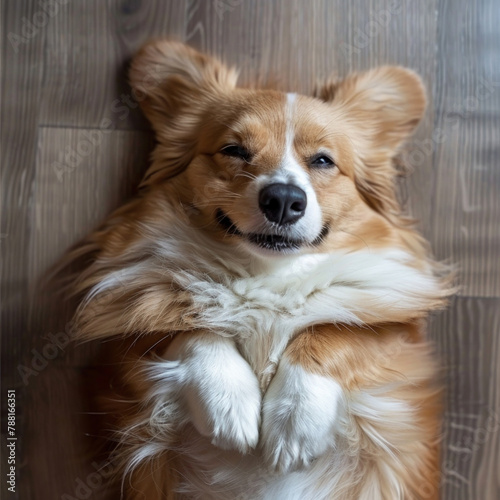 Dog  portrait and floor relax or pet in home for weekend rest from above or peaceful animal  calm or paws. Corgi  canine and top view in apartment for healthy care or companion  insurance or lazy