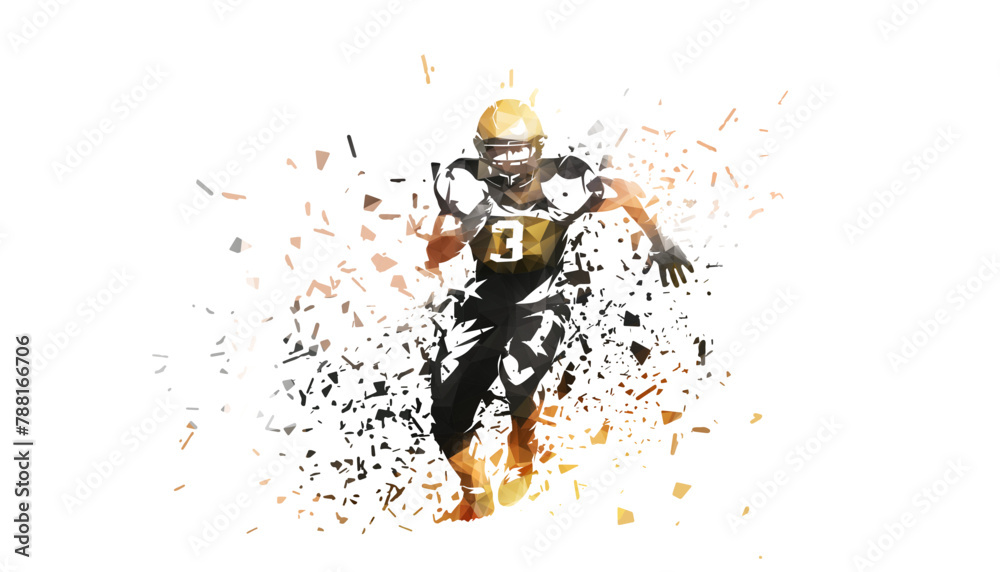 Fototapeta premium American football player, isolated low poly vector illustration with shatter effect. Running football quarterback, front view