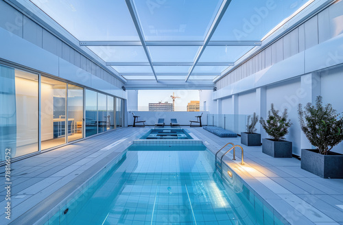 The rooftop pool of the modernist building is located on an urban street © Kien