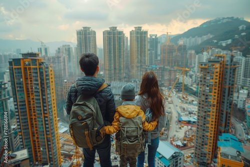 A family stands together, contemplating the city skyline with construction cranes in the background photo