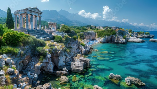 Ruins of an Ancient Greek temple. Ancient Roman forum ruins on the Mediterranean Sea. Temple to god Apollo. Old architecture on the sea with blue sky and crystal clear ocean