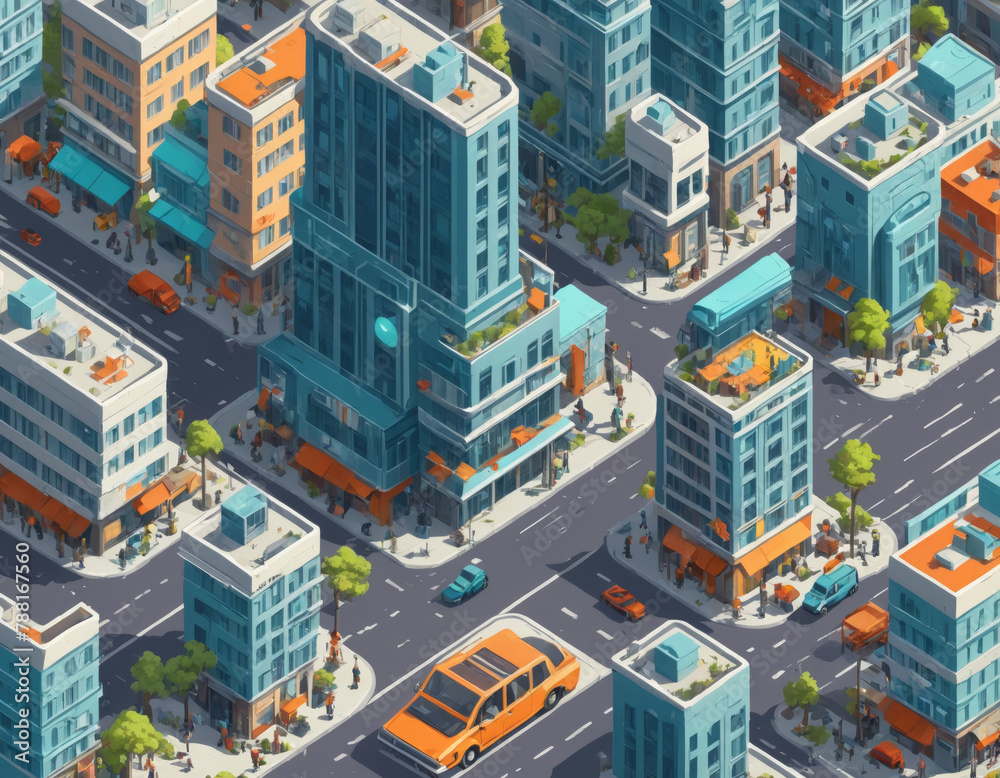 Isometric Downtown Intersection with Modern Buildings
