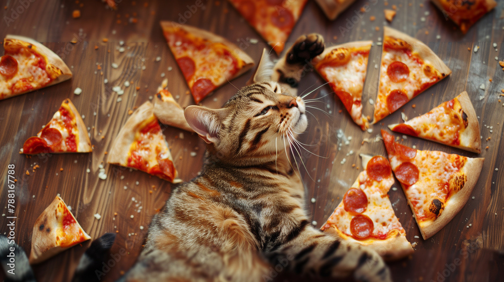Fototapeta premium An amusing scene depicts a cat lying amidst pieces of pizza, showcasing a humorous and playful moment. The cat appears content amidst the delicious slices, creating a whimsical atmosphere.