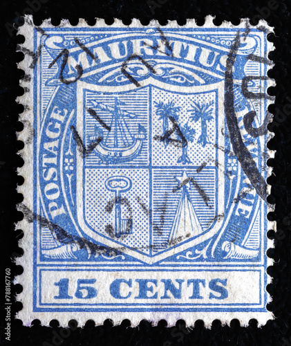 Ukraine, Kiyiv - February 3, 2024.The British Crown Colony of Mauritius, is an islands in the Indian Ocean off the coast of the African continent 1910.Philately.