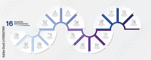 Blue tone circle infographic with 16 steps, process or options.