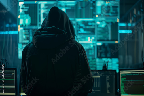 hacker performing a cyber attack, hooded individual in front of multiple monitors (4)