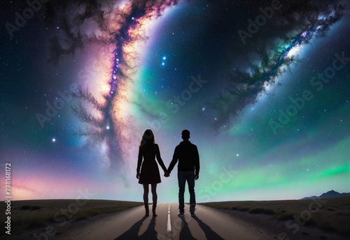 couple standing uder a beautiful dreamy, galactic sky, holding hands