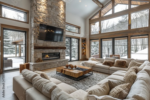 Luxurious living room with a grand fireplace, plush sofas, and large windows offering a view of snow-covered trees photo