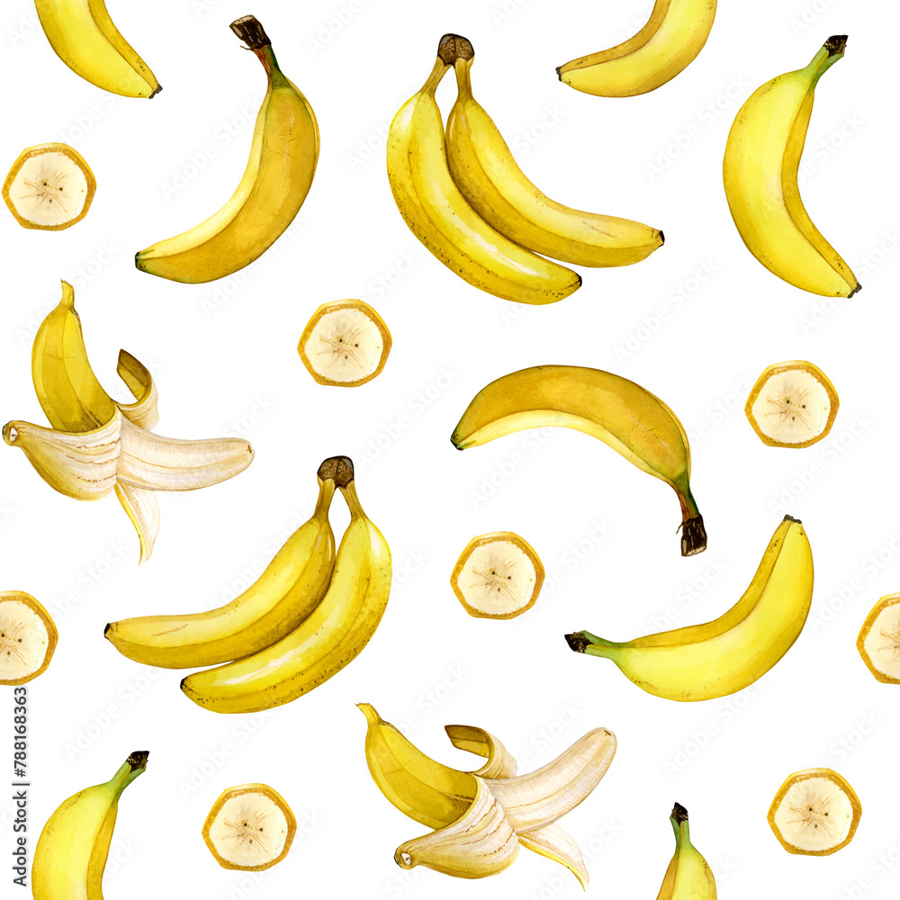 Fresh ripe yellow banana pattern. Watercolor hand drawn illustration, isolated on white background