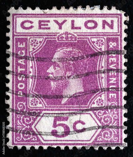 Ukraine, Kiyiv - February 3, 2024.Postage stamps from CEYLON (Sri Lanka).A stamp printed in the Ceylon shows King George V, circa 1920.Postage stamps from different countries and times